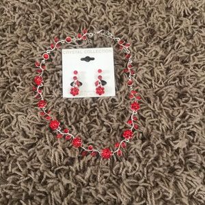 Red crystal &silver necklace & pierced earring set